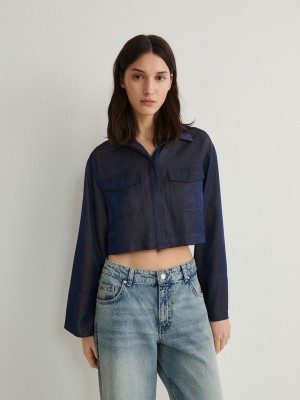 Reserved Cropped Satin Hemd Damen Navy | WNBSOF-906