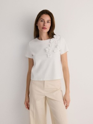 Reserved T-flower Appliqué Hemd Damen Weiß | TFQPMG-517