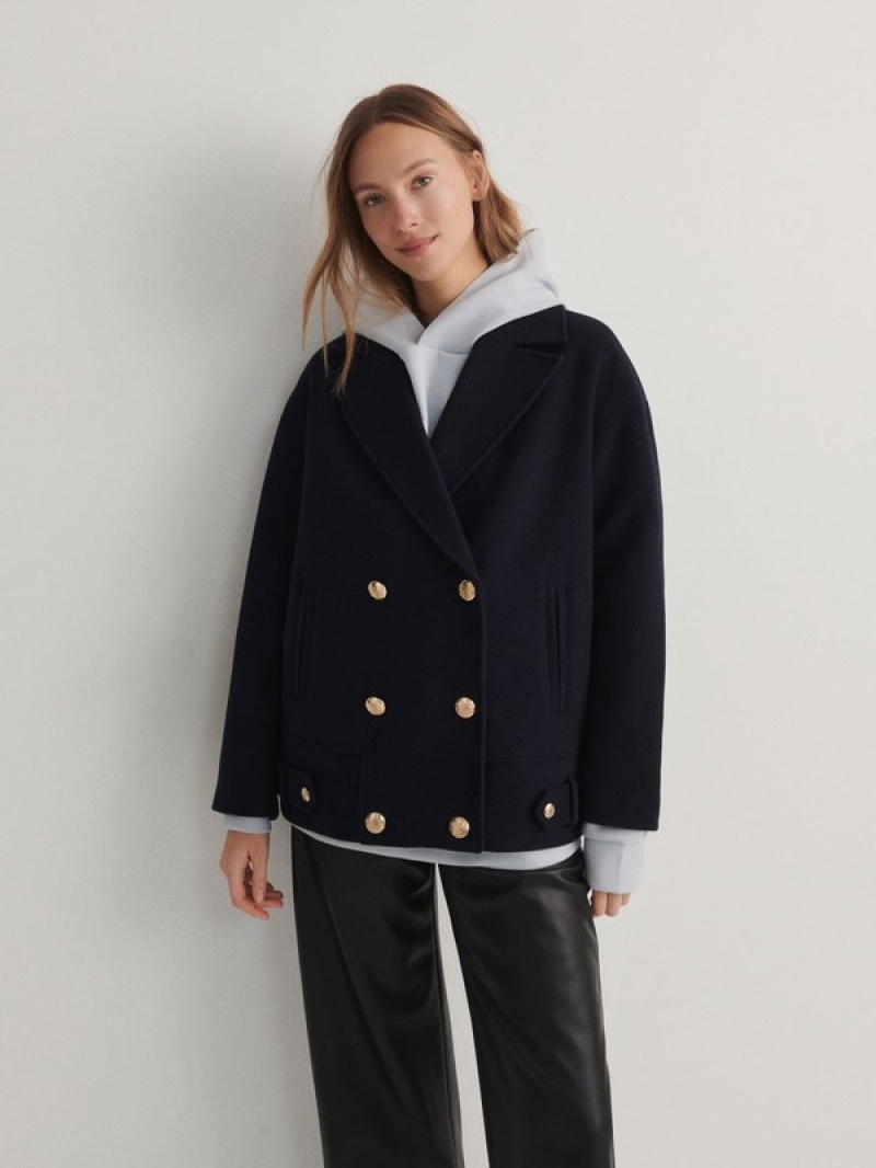 Reserved Croppedwool Blend Mäntel Damen Navy | XHSNDK-371