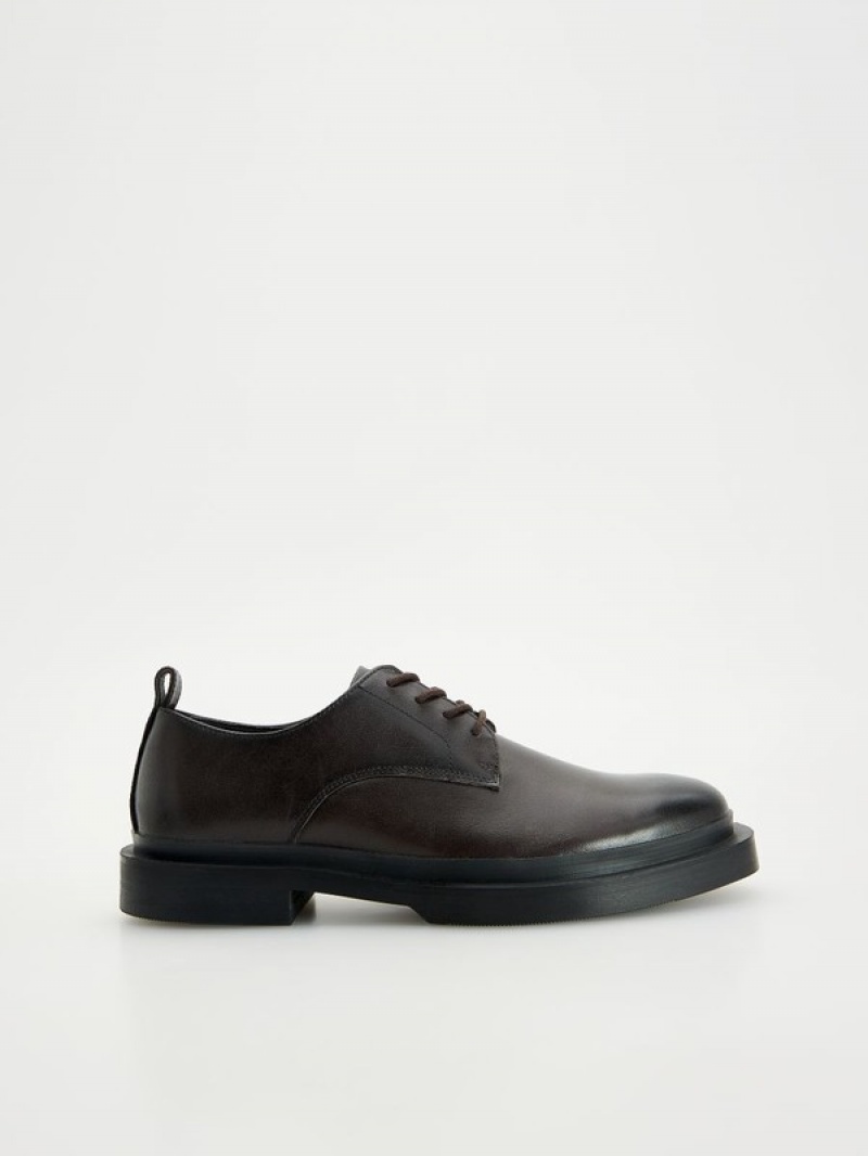 Reserved Leder Derby Schuhe Herren Dunkelbraun | DLCBUA-059