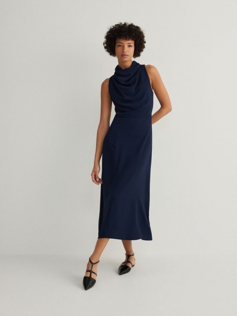 Reserved Midi Halter Kleid Damen Navy | BOSMVD-826