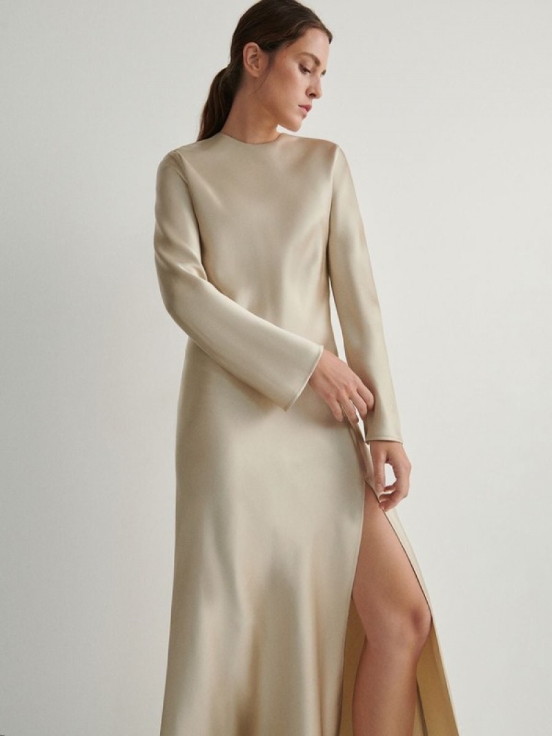 Reserved Satin Kleid Damen Beige | XNCWVM-843