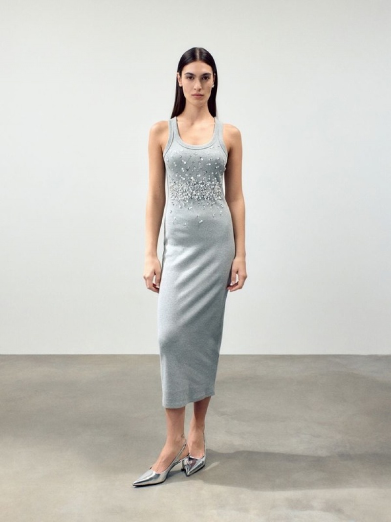 Reserved Shiny Appliqués Kleid Damen Grau | KPJOWC-728