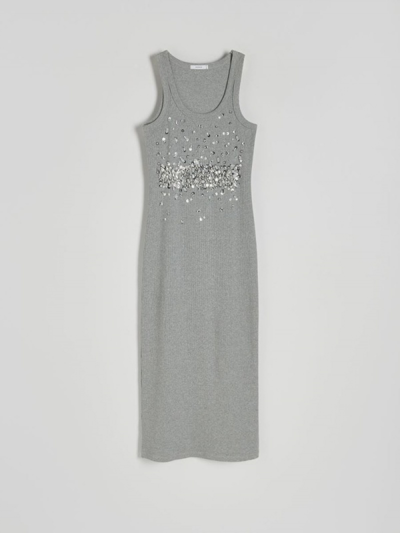 Reserved Shiny Appliqués Kleid Damen Grau | KPJOWC-728