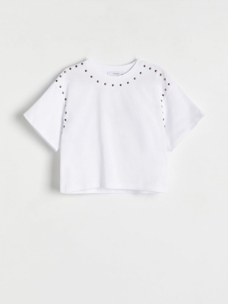 Reserved Studded T-shirts Mädchen Weiß | GQEIPN-236