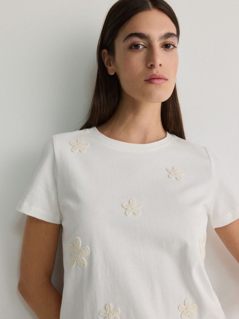 Reserved T-decorative Embroidery Hemd Damen Weiß | NRTOGW-301