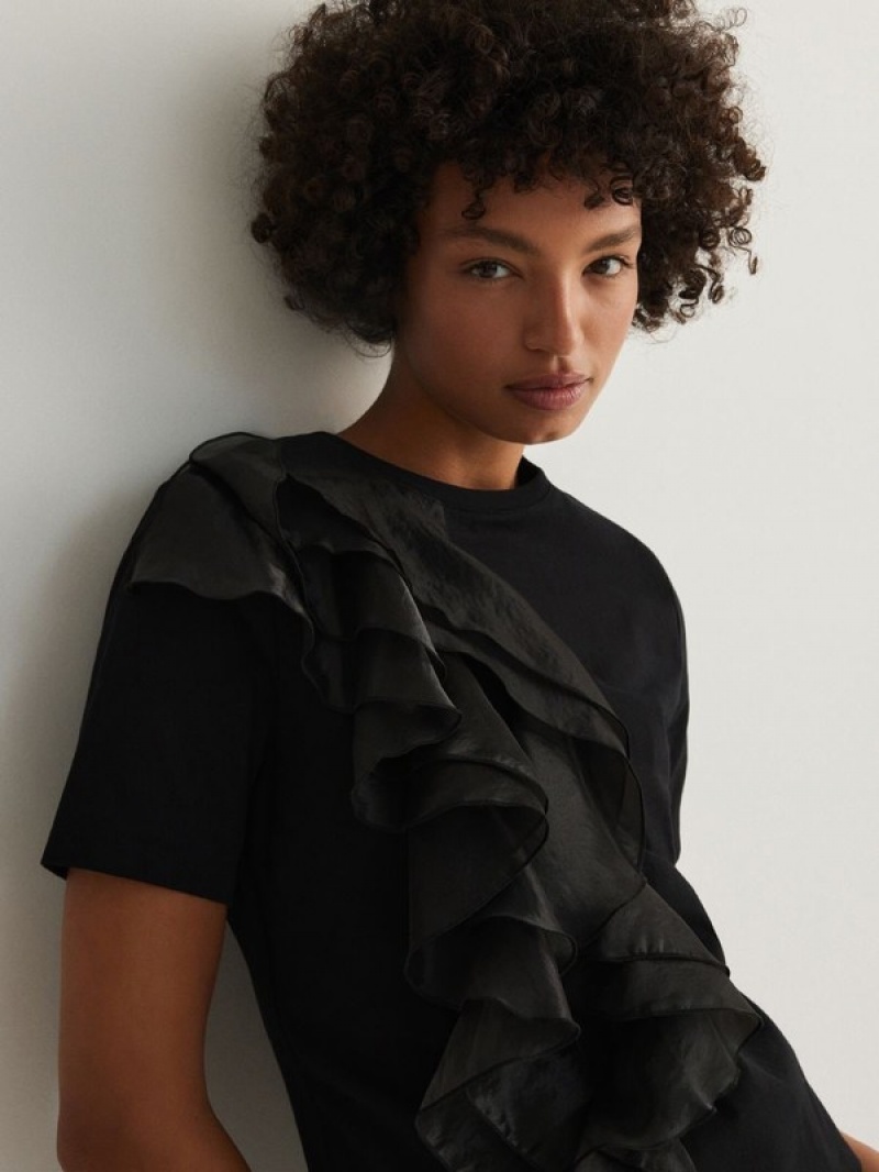 Reserved T-decorative Ruffle Detail Hemd Damen Schwarz | HXNUCW-593