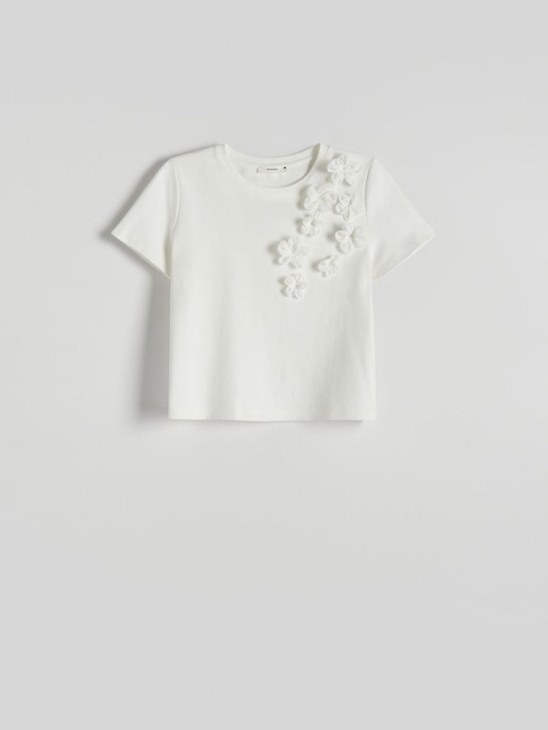 Reserved T-flower Appliqué Hemd Damen Weiß | TFQPMG-517