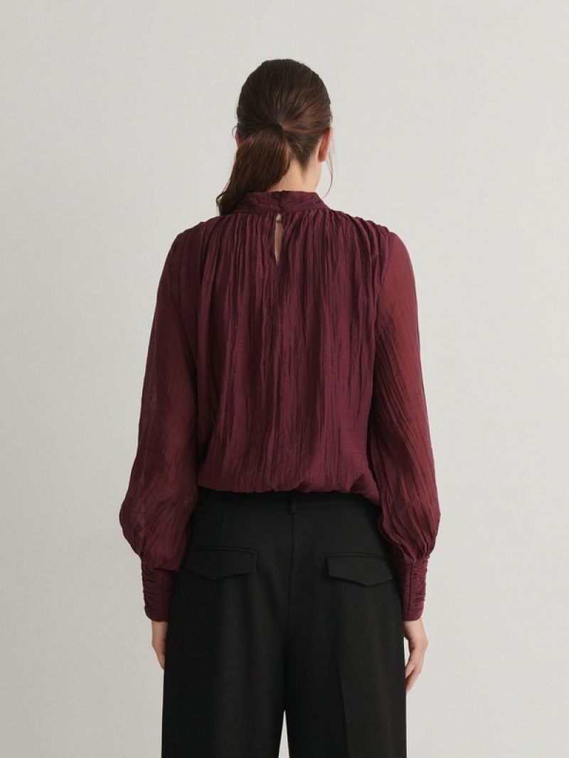 Reserved Topdecorative Gathering Hemd Damen Bordeaux | AHIFLY-389